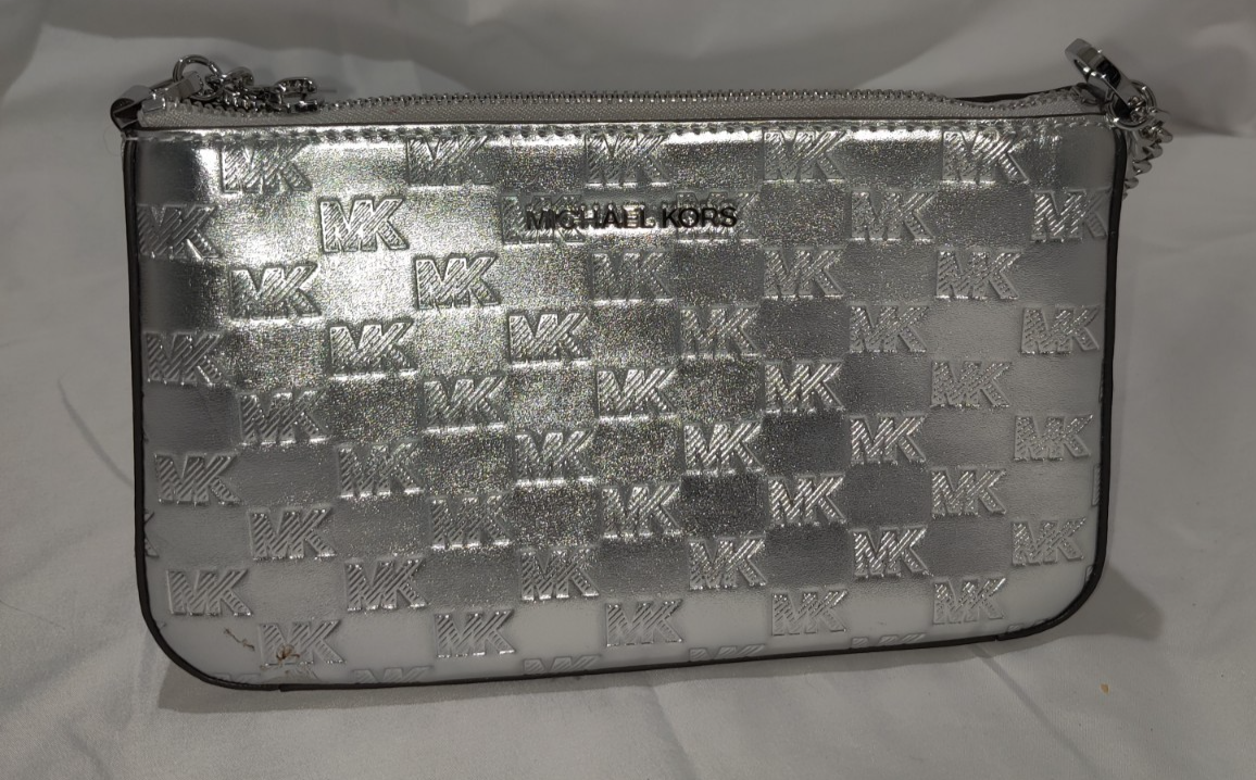 Michael Kors Jet Set Medium Silver Crossbody Shoulder Handbag Purse