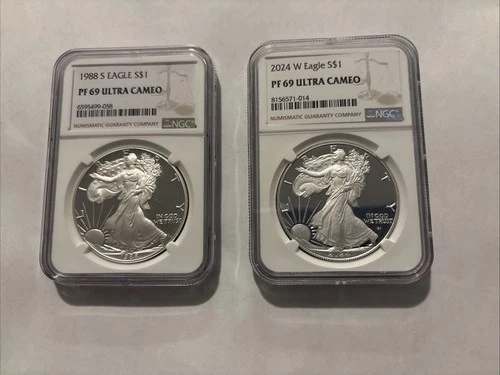 2 - American Silver Eagles, NGC PF69 Ultra Cameo, 1988S & 2024W
