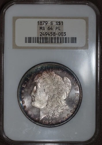 1879 S Morgan Dollar $1 - NGC MS64 PL Old Fatty Holder - Rainbow Rim Toning #581