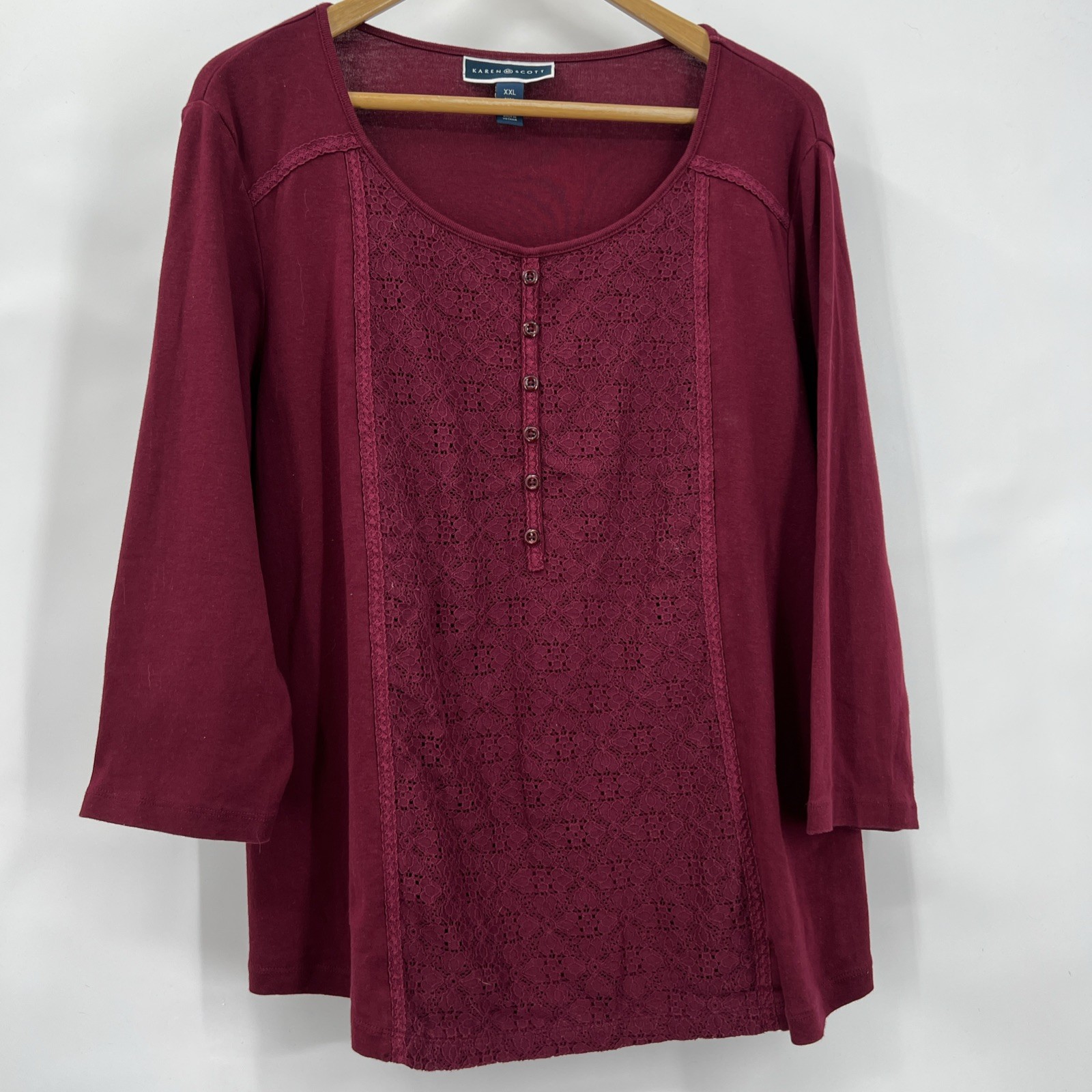 Karen Scott Women’s XXL Burgundy Top Lace Henley Whimsigoth Dark Fairy