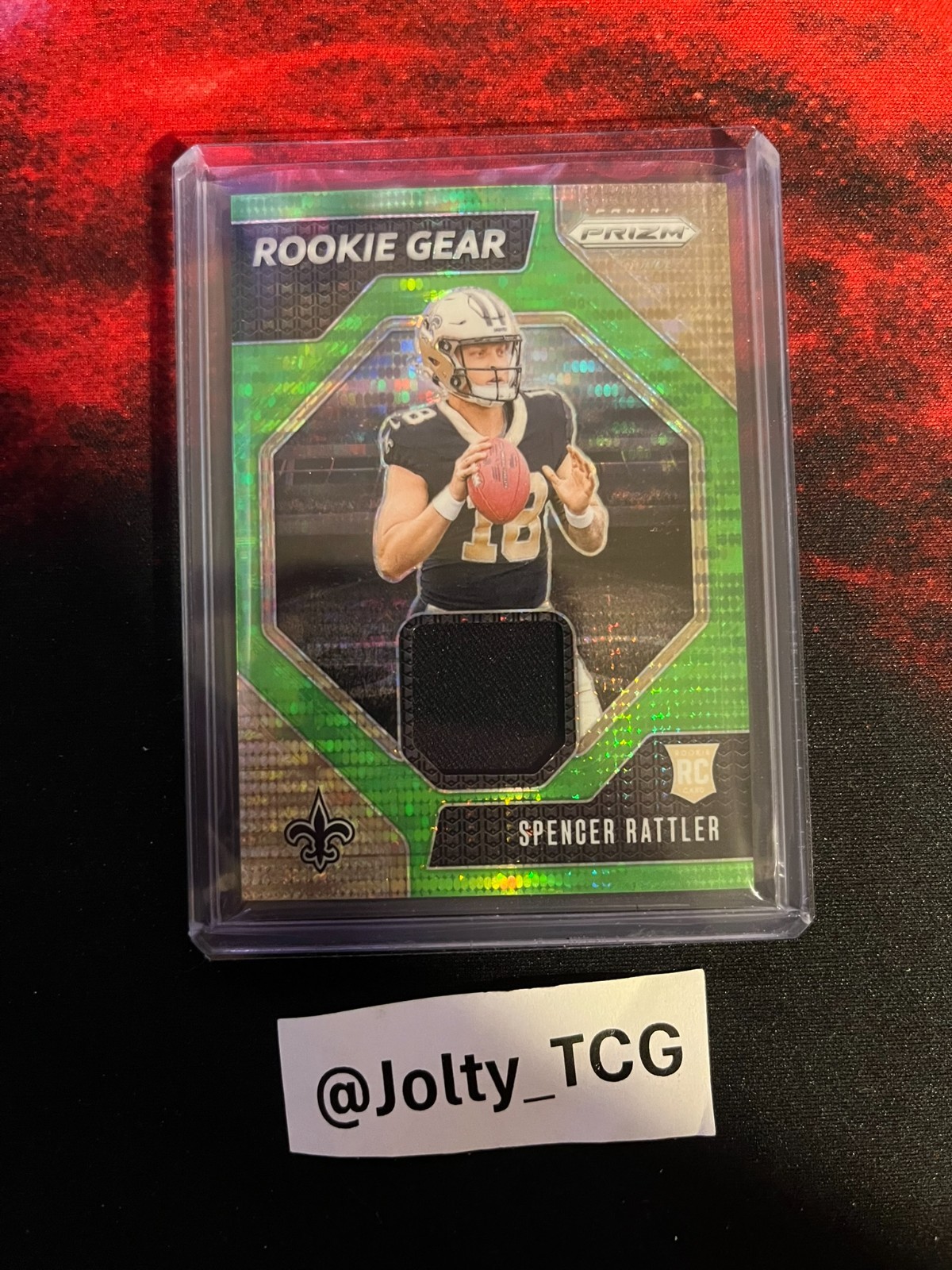 2024 Prizm Spencer Rattler Rookie Gear Jersey Neon Green Pulsar RC #RG-SRR