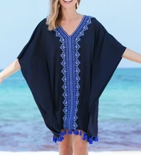 Cabana Life Tassel Bottom Embroidered Cover Up Dress Size S/M