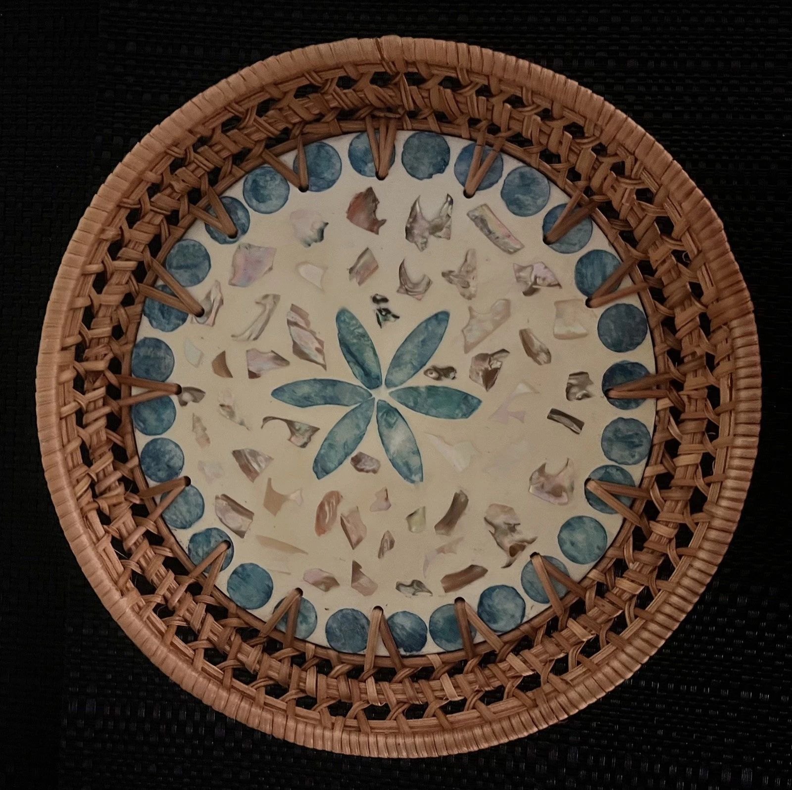 Natural Rattan Tray Bohemian Handwoven Round Serving Tray with mother of pearl