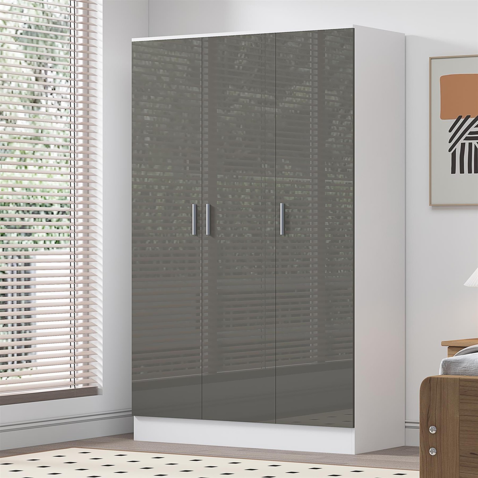 B&Q - 3 Door Plain WardrobeGrey Gloss & Matt WhiteHanging Rail & 4 Shelves- H: 180Cm X W: 113Cm X D: 47CmModern Design - Image 2