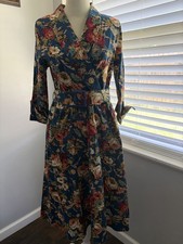 Retro Vintage style Blue Floral Swing Rockabilly Dress L (C1-17)