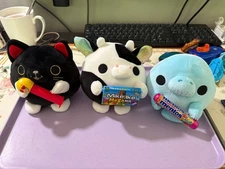 Zuru Snackles Mentos Manatee, Pez Black Cat, Mike&Ike Cow Plush Lot Of 3