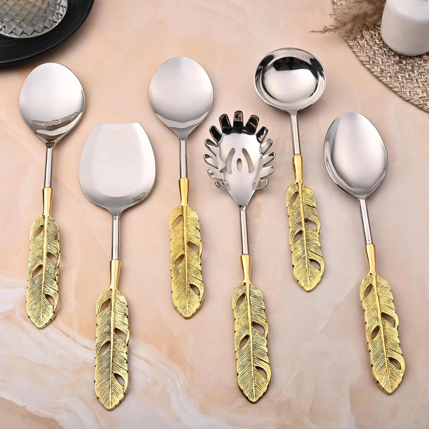 Polished Classique Designer Serving Spoon Set with Gift Box | Golden Feather Ant
