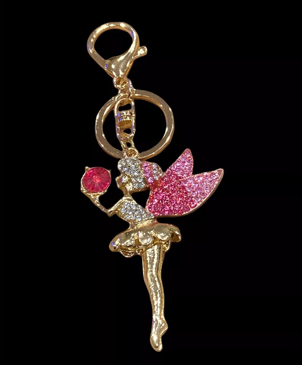 Pink Rhinestone Wings Fairy Crystal Purse Keychain Gold Keyring