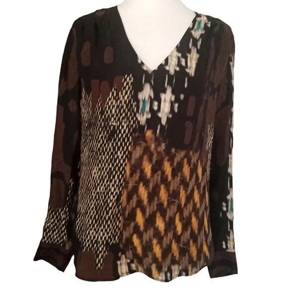 Trina Turk Abstract Silk V-Neck Blouse in Warm Tones Size Small