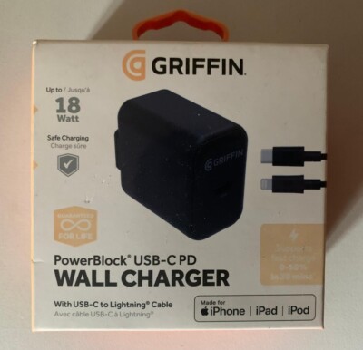 Griffin PowerBlock USB-C PD 20W Wall Charger with USB-C to iPhone Cable black.