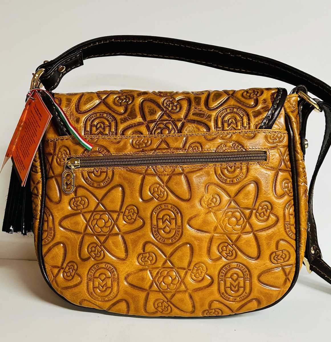 【極美品】Italian Emboss Leather Bag 定価71500円 Marino Orlandi Italian Leather Large Saddle Crossbody Bag w