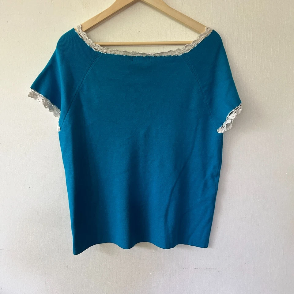 Grace Elements 真丝衬衫女式 1X 码蓝色全新带标签蕾丝细节上衣 Coquette — 第 4/4 张图片