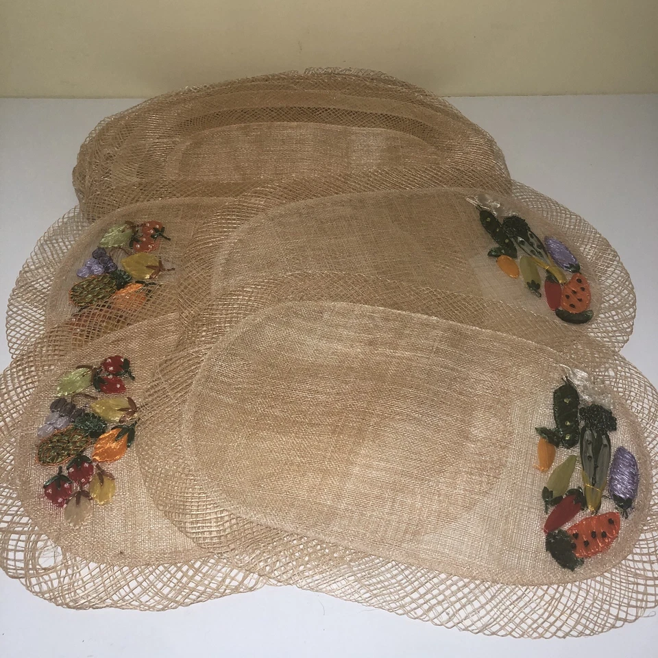 VTG Woven Straw Placemats Natural 18” Oval SET OF 13 Fruit Veggies Accents On 4 - Image 2 of 4