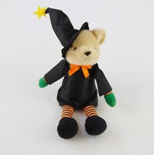 Vtg Halloween Teddy Bear Black Witch Hat Plush Stuffed Toy Satin dress Stripes
