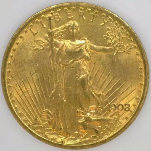 1908 $20 Gold Saint Gaudens No Motto Double Eagle NGC Grade MS 62 Old Thick Slab