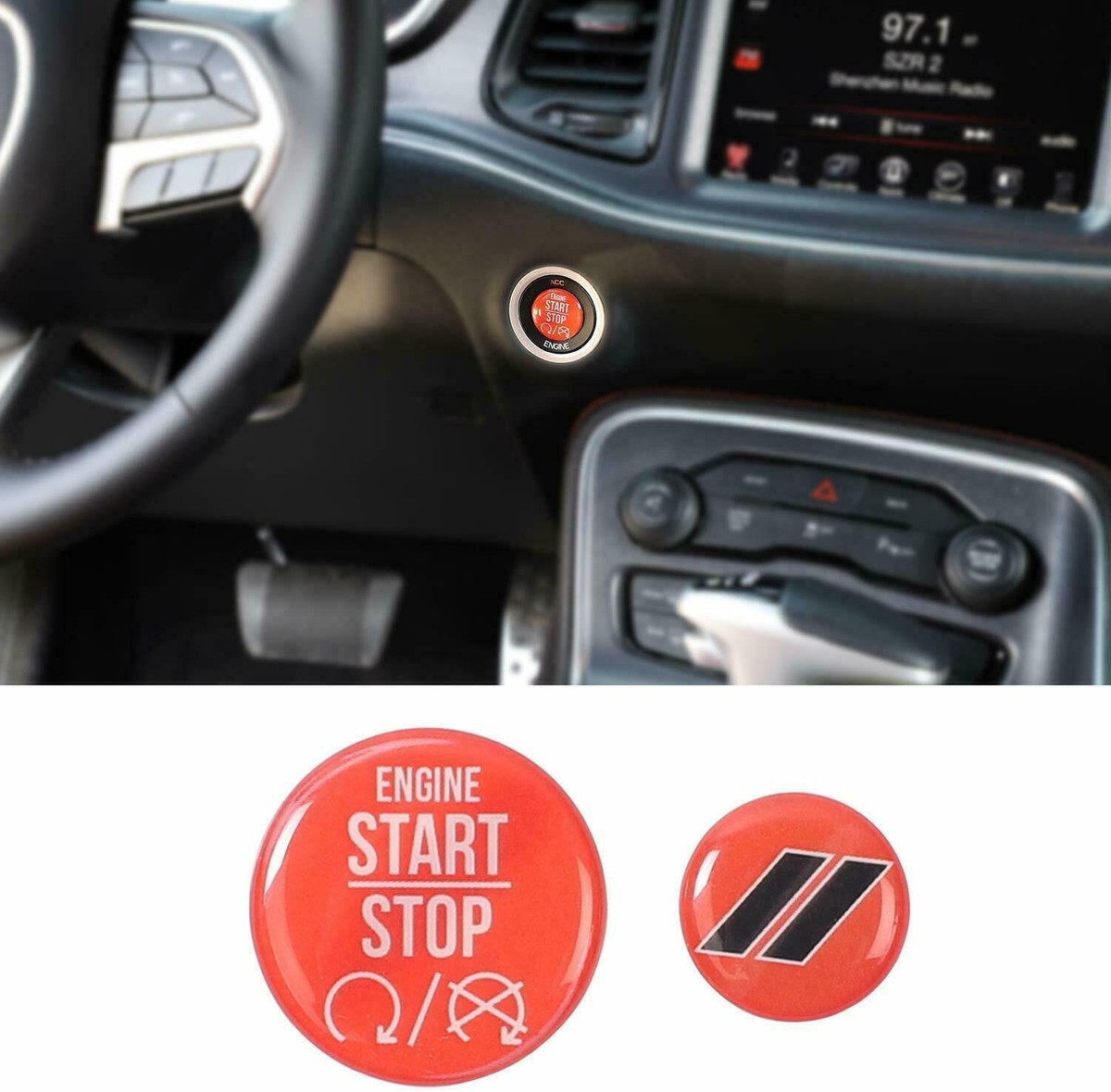SHINEKA 2-Piece Red Engine Start & Trunk Switch Trim Cover For Dodge Charger/Challenger 2010-2019