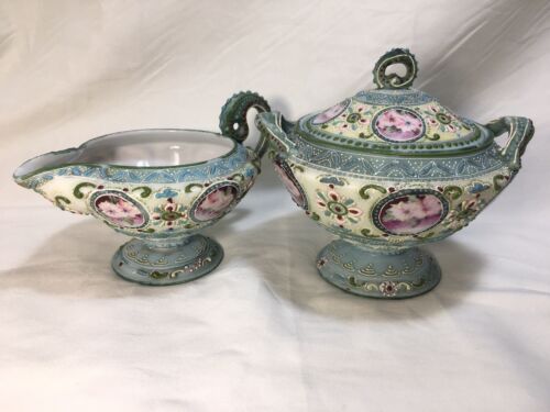 Nippon Moriage Green &#039;COVERED SUGAR BOWL &amp; CREAMER&#039; w/Pink Flower Cartouches