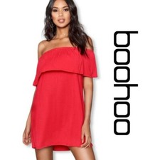 BOOHOO Off the Shoulder Red Swing Dress sz 6 NWT