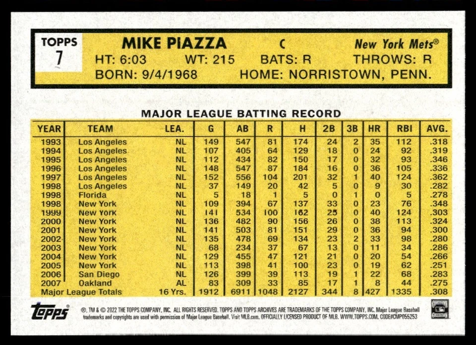 2022 Topps Archives Mike Piazza New York Mets #7 - Image 2 of 2