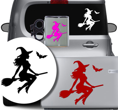 Charming Witch Flying On Broom And Bat Vinyl Decal Sticker for Car Window Bumper