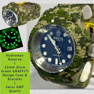 52mm Olive Green GRAFFITI Bracelet | Swiss GMT | HYDROMAX Reserve Invicta Watch