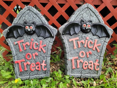 Vintage Halloween Yard Decor Tombstone Bat Trick Or Treat Lot of 2 1997 PMG