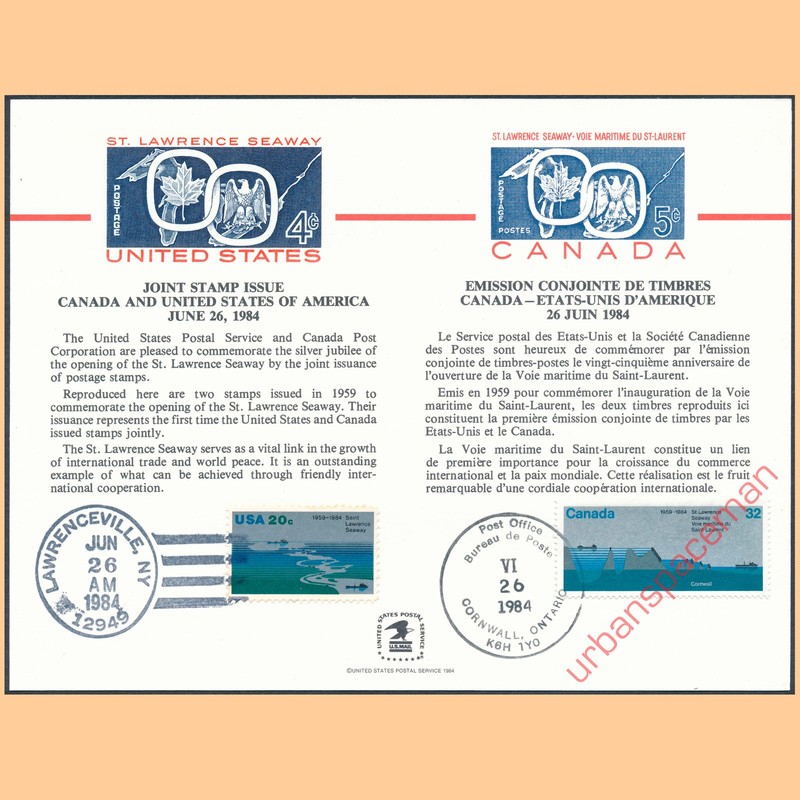 PS51 St. Lawrence Seaway USPS Souvenir Card 2091 Dual Joint Issue First Day UOs