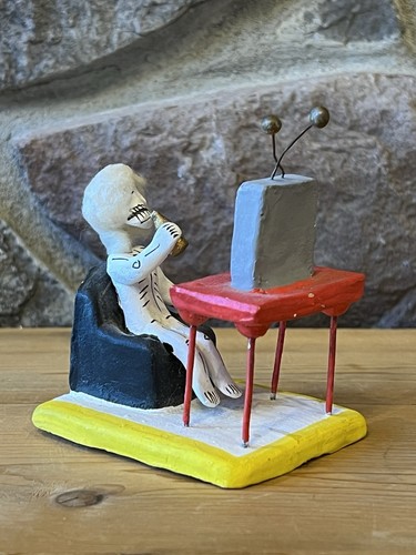 Handmade Mexican Day of the Dead Skeleton Watching TV Folk Art Figurine