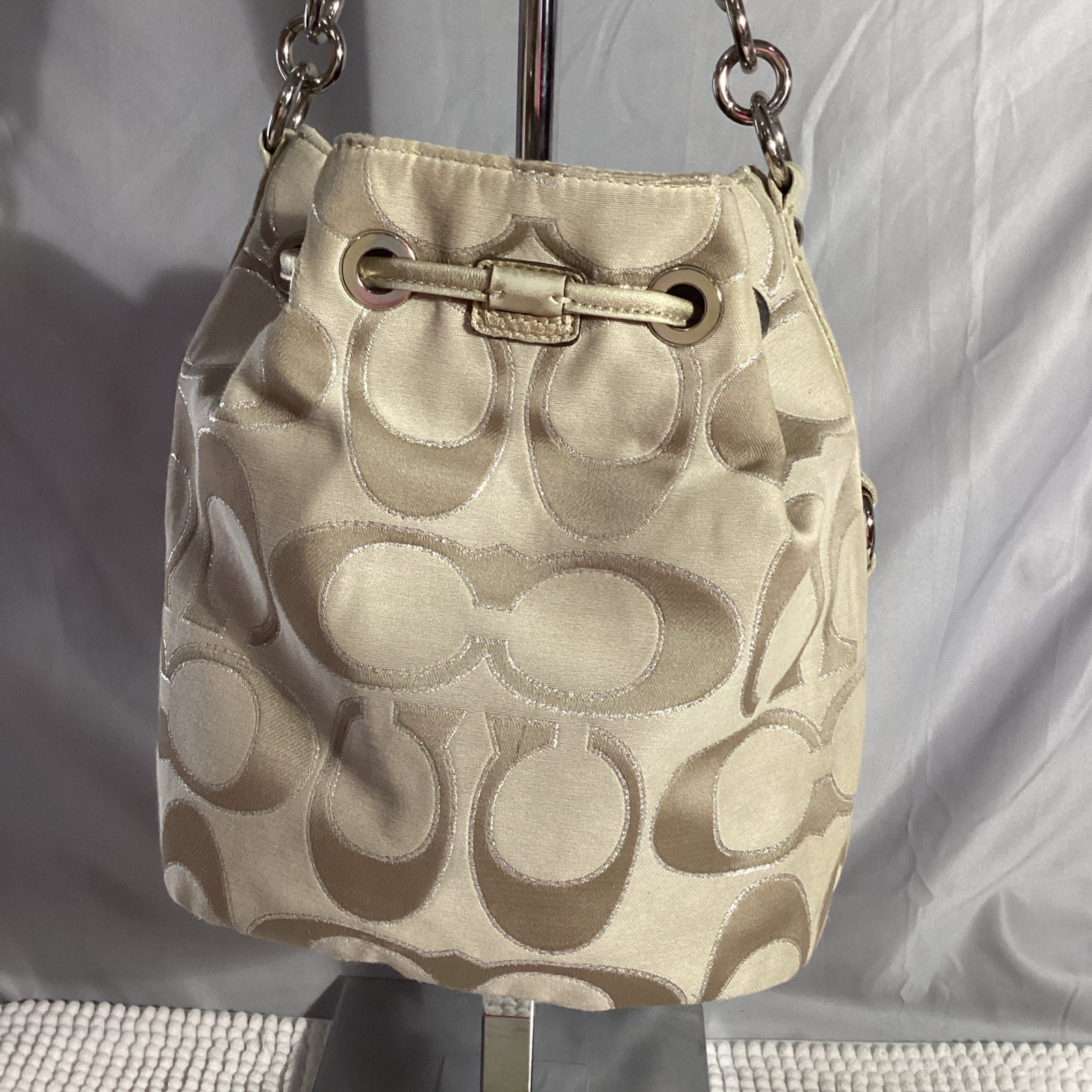 Coach Signature Tan Poppy Lurex Drawstring Bucket Shoulder Bag #17930 thumbnail 5