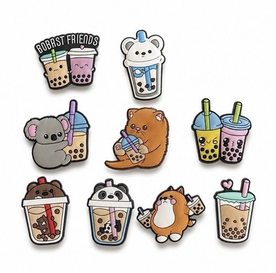 9 Boba Tea Croc Charms Kawaii Animal Theme Bubble Tea Jibbitz Shoe Charms Set