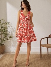 Boden Retro Floral V-Neck Sleeveless Fit & Flare Dress Size 4 100% Cotton orange