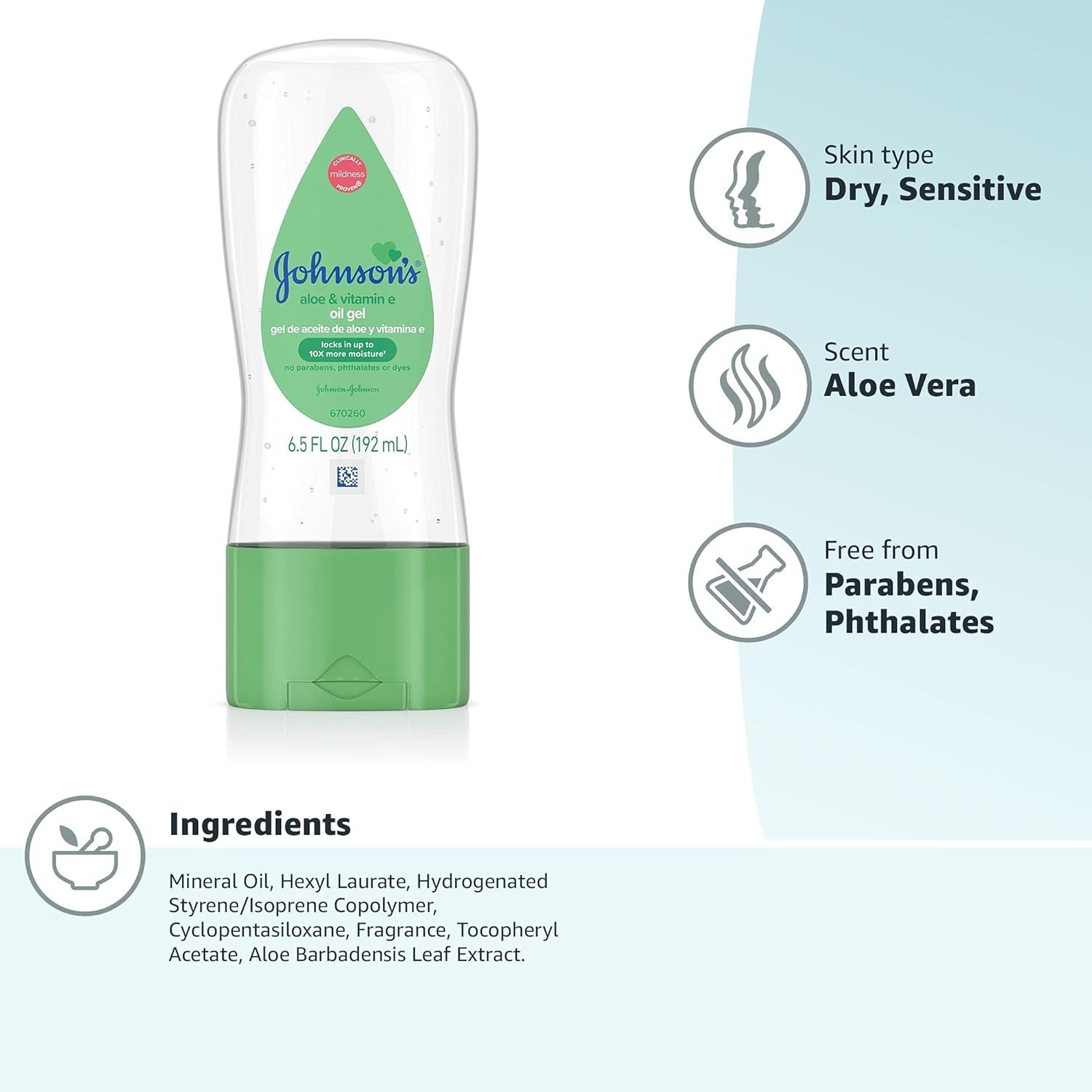 Johnson's Baby Oil Gel with Aloe Vera & Vitamin E, Baby Skin Care, 6.5 oz.
