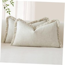 Set of 2 Linen Fringe Decorative Throw 20" x 12" Pack of 2 Natural Beige