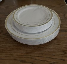 Disposable White Plastic Dinner And Dessert Plates With Gold Trim. 25 Of Each.