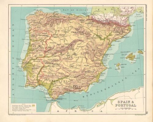 1891 Victorien Carte Espagne et Portugal Leon Vieux Castille Galice Granada - Afbeelding 1 van 1