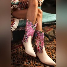 Momo New York Selina Western Silk Leather Boots Cowboy Size 7 Floral Pink Cream