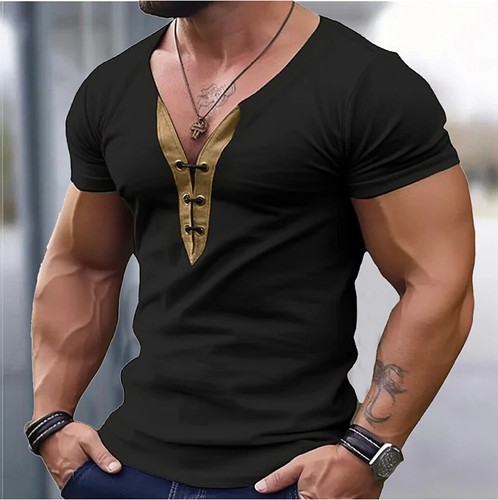 Mens Summer Tops Short Sleeve T Shirts Casual V Neck Holiday Slim Fit Men Blouse - Bild 10 von 15