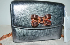 NWT 195 TED BAKER "Metallic Looped Bow" Clutch Bag Crossbody GUNMETAL Rose Gold