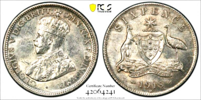 AUSTRALIA 1918 SIXPENCE LOW MINTAGE KEY DATE RARE PCGS UNC CV