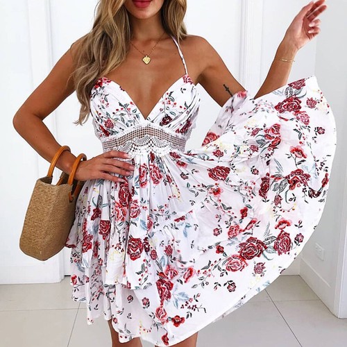 Summer Womens Backless Sleeveless Bohemia Mini Dress Beach Party Short Sundress