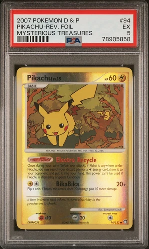 Pop 5! Excellent 2007 Pokémon Mysterious Treasures Pikachu 94 Reverse Foil PSA 5