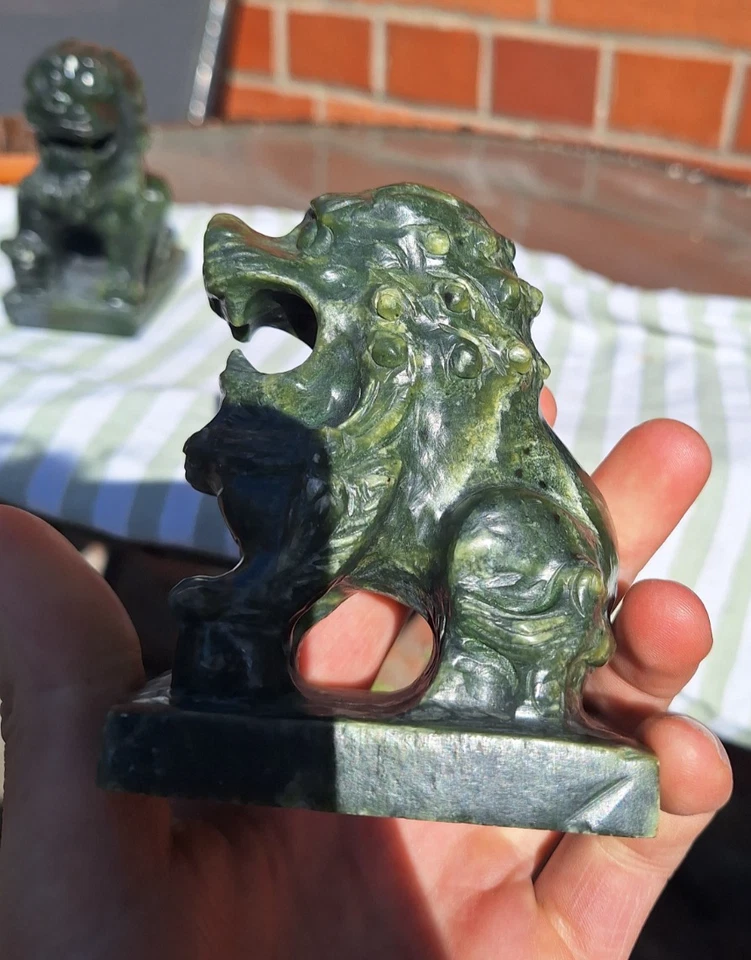 Hetian Jade Foo Dog Lion Dark Spinach Green Chinese 19th Century Carved Figure - Image 3 of 4