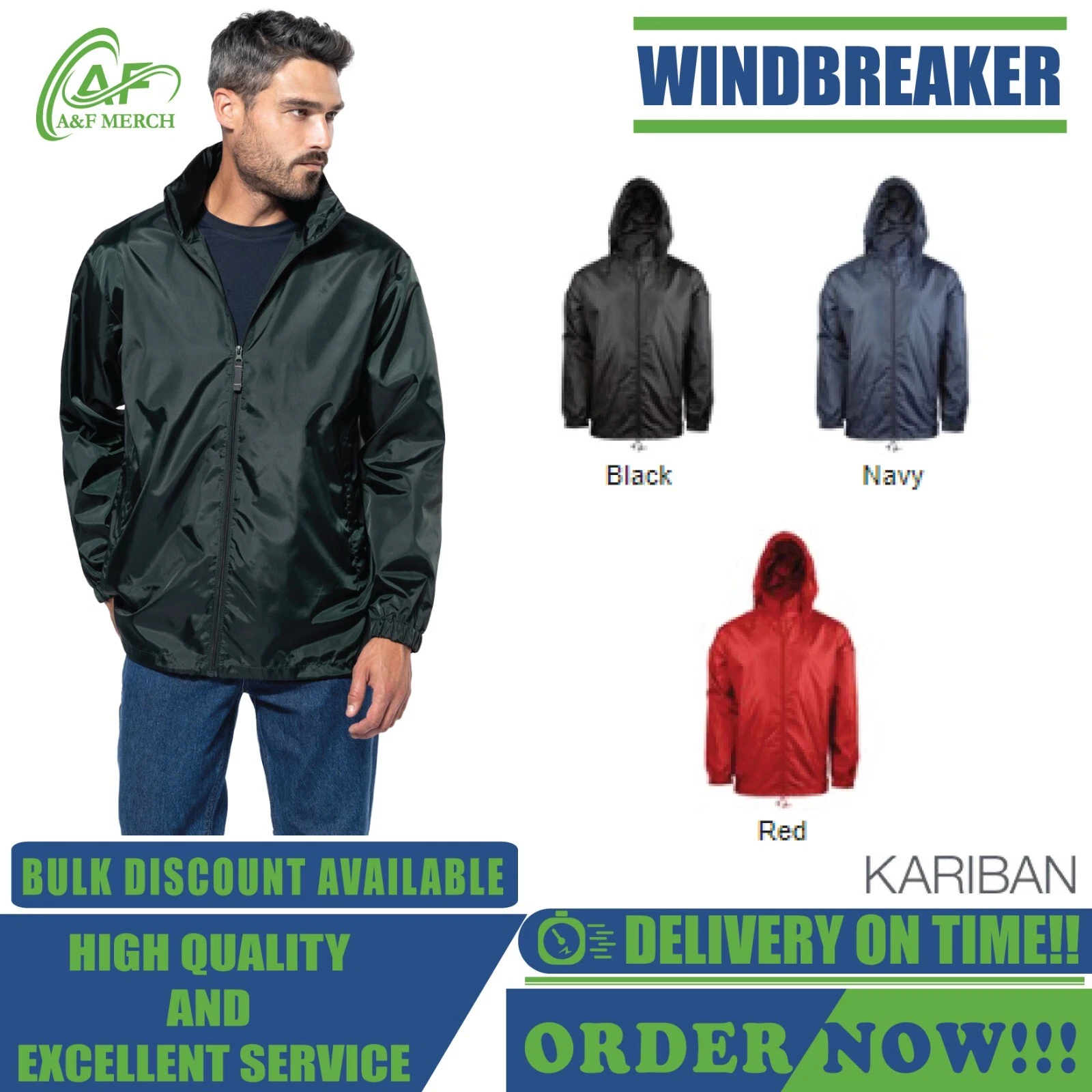 Kariban Windbreaker Polyester 2 Front Zipped Pockets Elasticated cuffs KB616