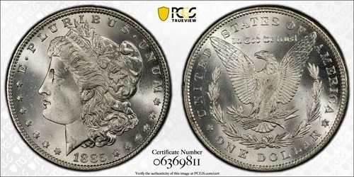 1885 P Morgan Silver Dollar PCGS MS65, PCGS Gold Shield with True View