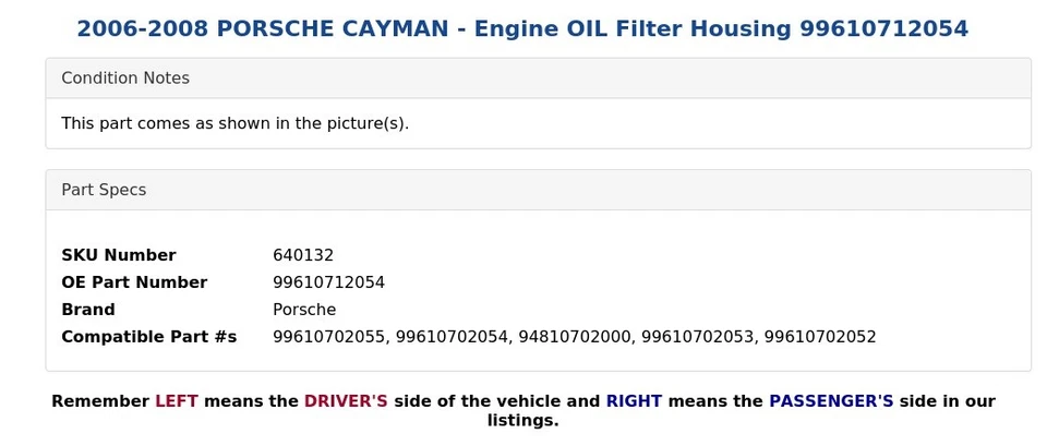 Porsche Cayman 2006-2008 - Carcasa filtro aceite motor 99610712054 Foto 3 de 4
