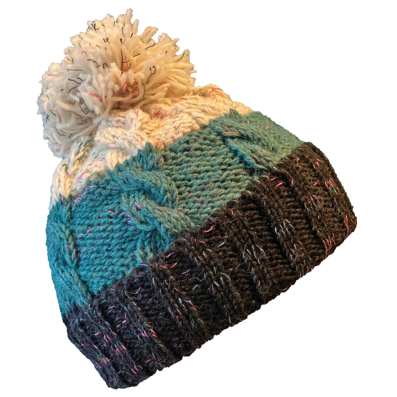 Super Cosy Ice Blue White Brown Bobble Hat with Cosy Fleece Lining Rib turnup