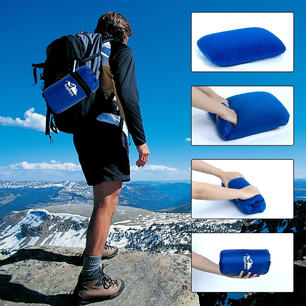 Memory Foam Camping Pillow for Backpacking Travel in Soft Velvet Blue