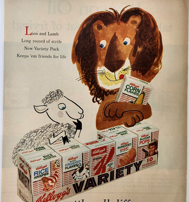 Lion Lamb Kelloggs Breakfast Cereal Variety Pack Vintage 1958 Ad Magazine Print