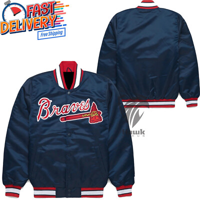 Atlanta Braves MLB Navy Satin varsity Jacket Full-Snap Lightweight Bomber Jacket
