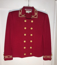 St John Collection Red Knit Blazer Double Breast Button Gold Trim Size 6 d728